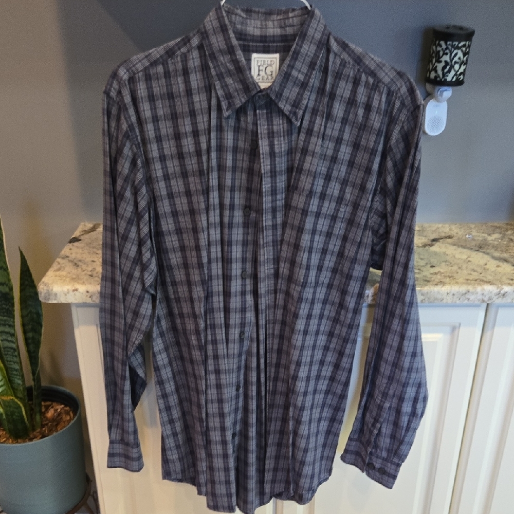 Field Gear Long-Sleeve Men's Plaid Button-Down Shirt Blue Large TALL 100% Cotton